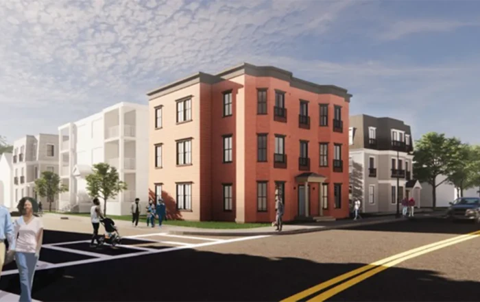 Rendering of all three buildings: 11 Capen Street is on the far left in the rendering, 262 Norfolk Street is in the center of the rendering, and 270 Norfolk is on the right in the rendering